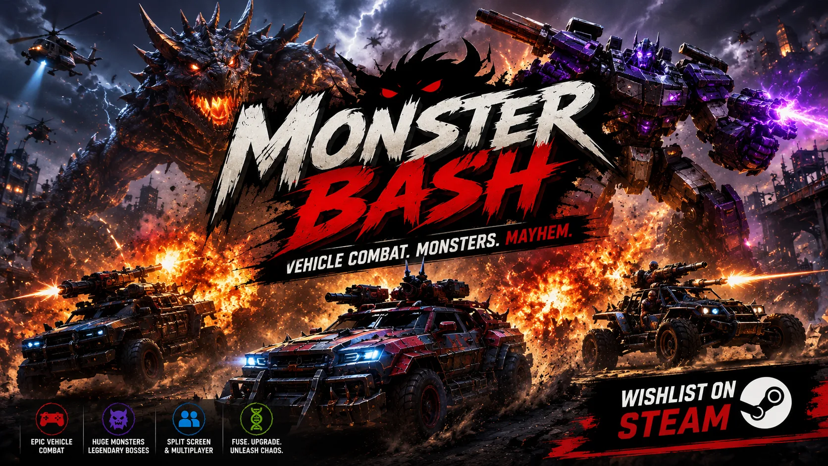MonsterBash cinematic hero banner with vehicles and monsters